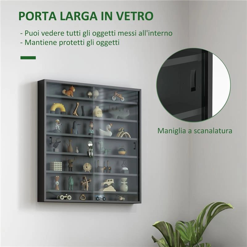 BACHECA PORTAOGGETTI A 6 RIPIANI REGOLABILI IN LEGNO CON ANTE IN VETRO, 80X9.5X83 CM, NERO