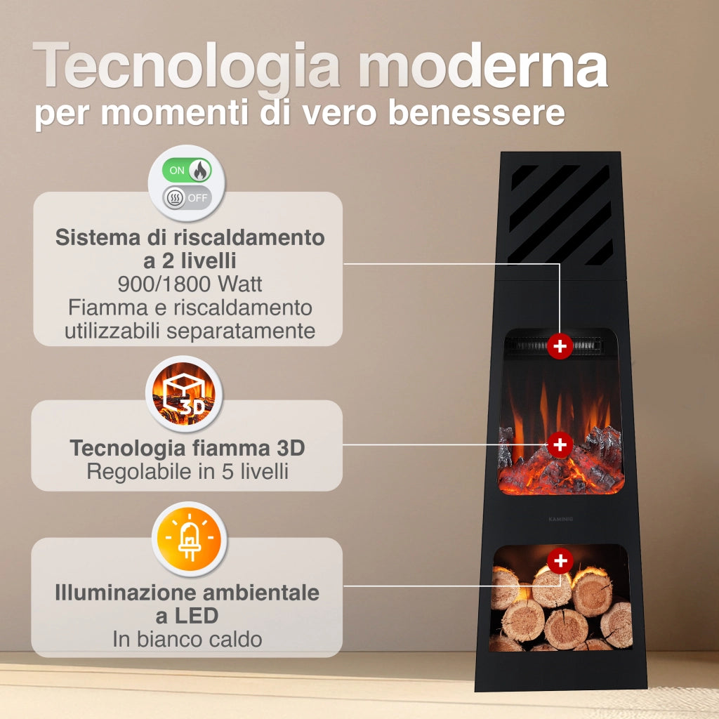 KAMINIO Caminetto elettrico da giardino KAI XL - Stufa de terrazzo  elettrico con riscaldamento, effetto fiamma 3D, luce ambiente a LED, scomparto de legno, telecomando - X-Large, Nero