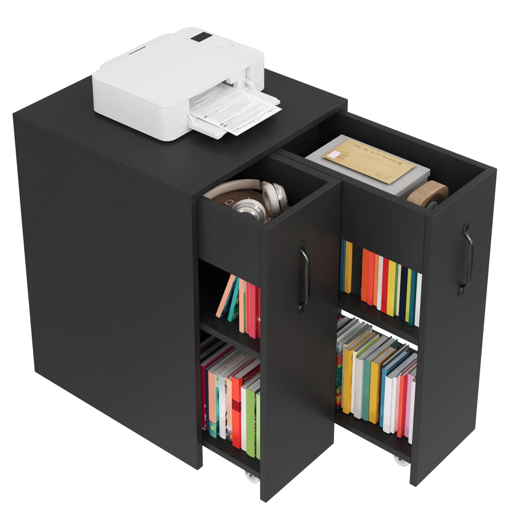 Libreria mobile con 2 cassetti estraibili, 3 ripiani e ruote, per ufficio e soggiorno, in truciolare nero, 52 × 50 × 75 cm