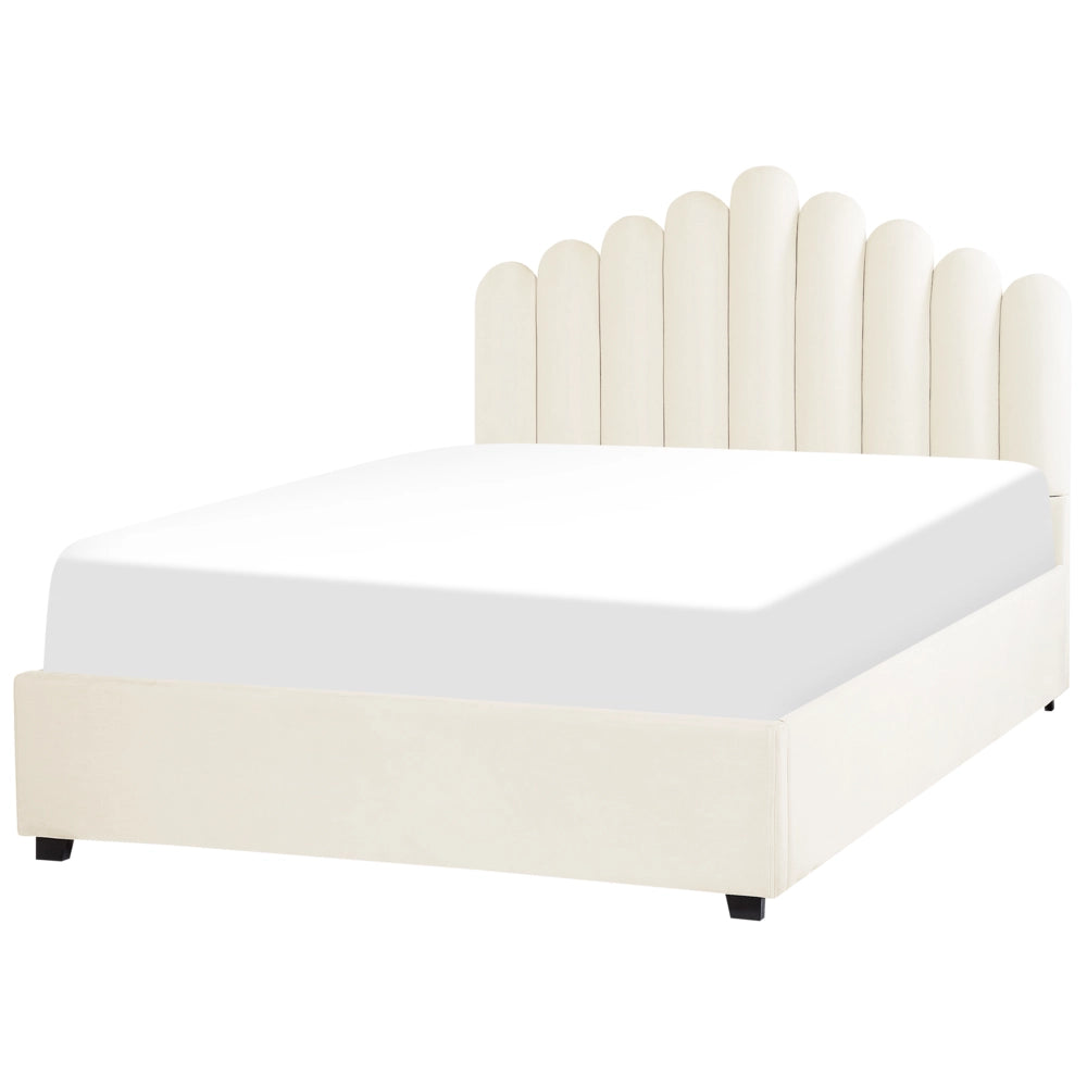 Letto contenitore matrimoniale rete a doghe velluto bianco sporco 140 x 200 testiera a conchiglia