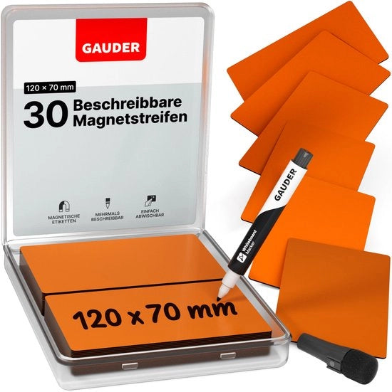 Etichette magnetiche descrittrici - Tavoli magnetici riutilizzabili per lavagne bianche, lavagne scolastiche, lavagne Kanban e frigoriferi - Carte magnetiche con pennarelli (30 pezzi - 120 x 70 mm)