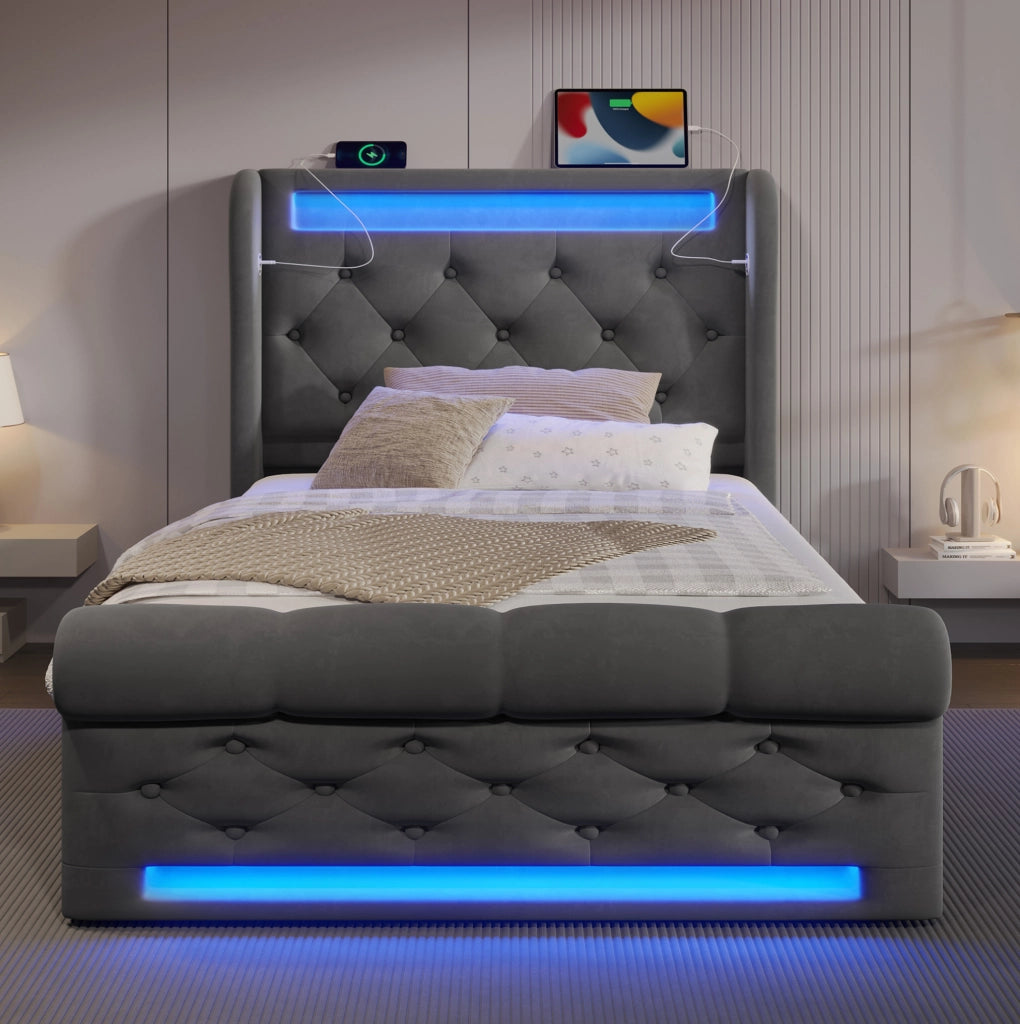 Letto imbottito 90x200 cm con contenitore idraulico; LED; USB e Type-C; velluto grigio