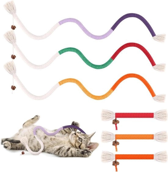 Set di Giocattoli per Gatti - Corda per Gatti con Stuzzicadenti di Fieno - Cunei per Pulizia dei Denti - Antidolori per la Malocclusione - 6 Pezzi (3 x 70 cm/3 x 15 cm)