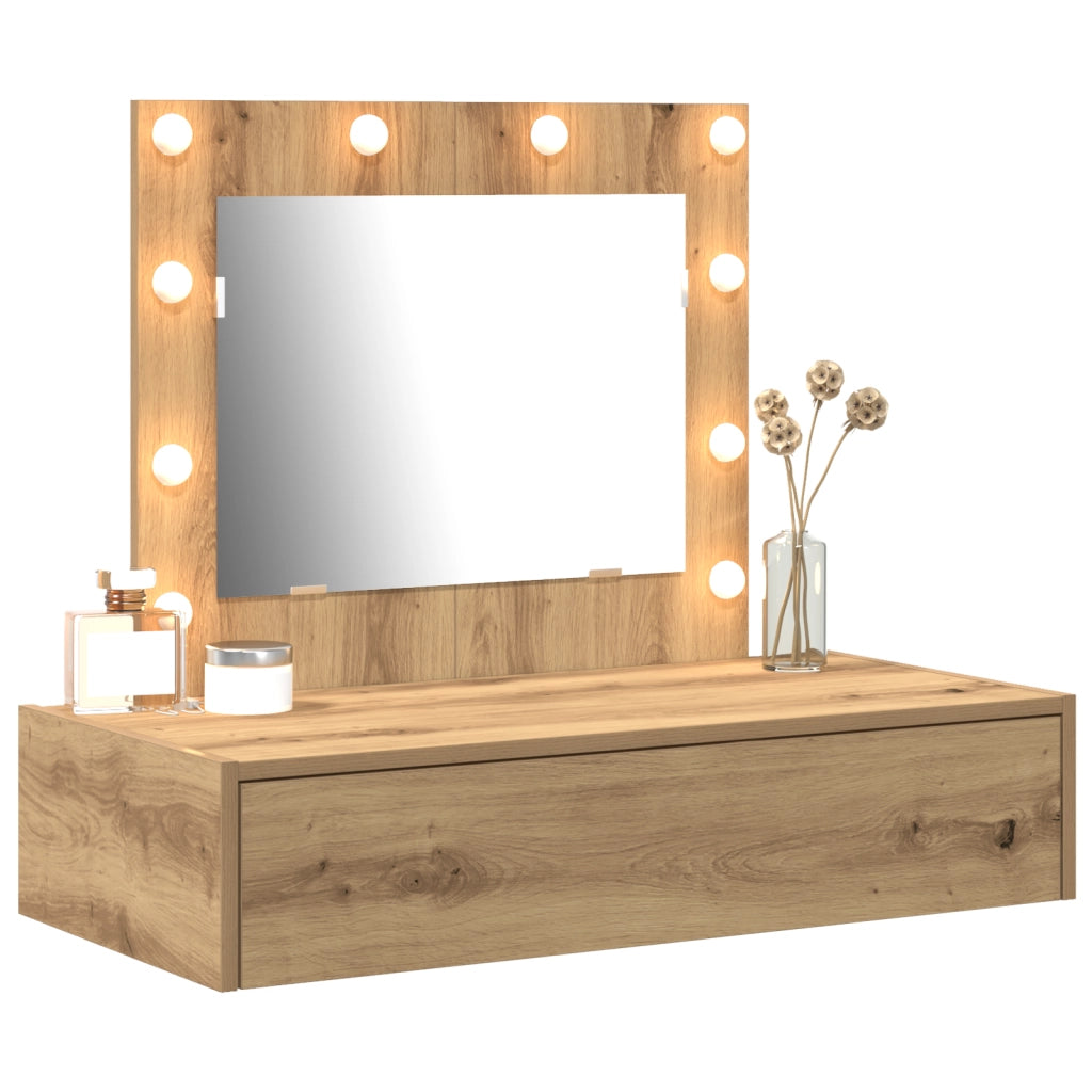 Tavolo trucco montato a parete con luci LED in rovere artigianale