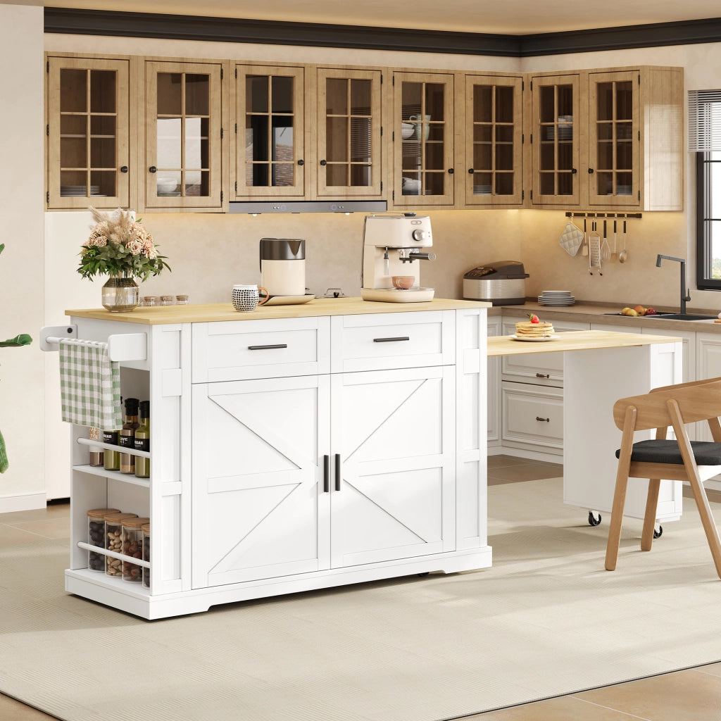 ISOLA CUCINA 130(205)x50x93 cm con prese, MDF Bianco/Legno