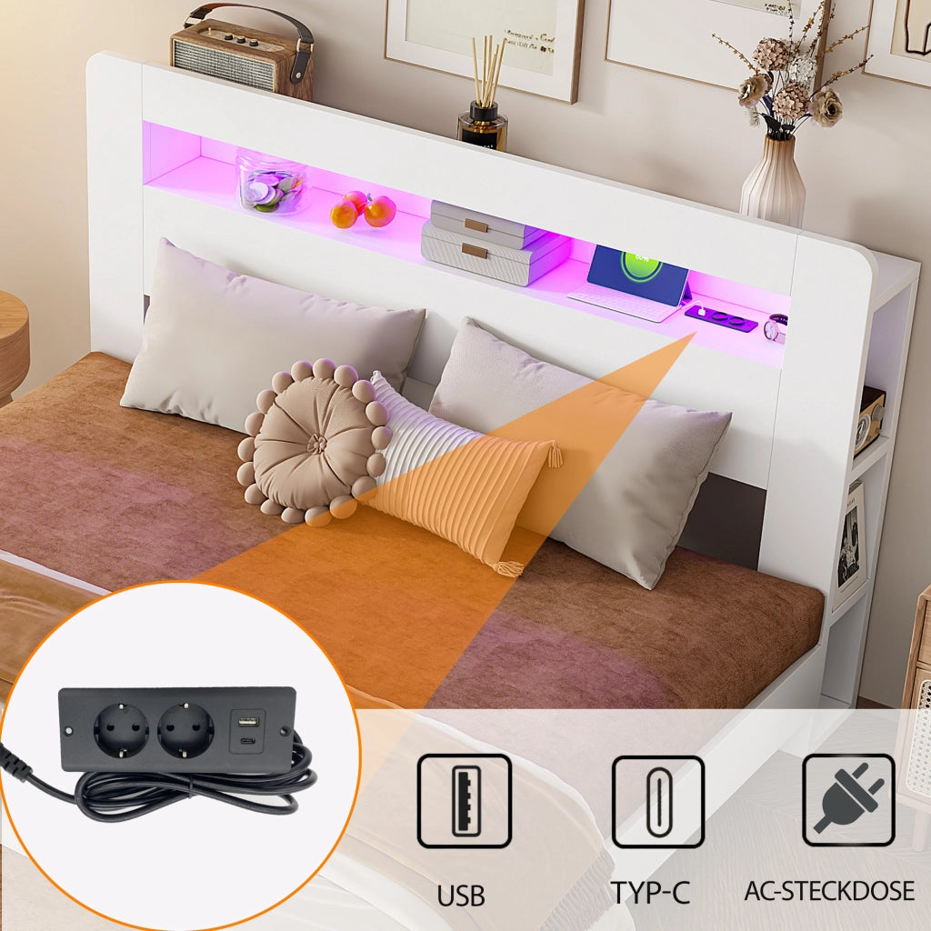 Letto con piattaforma 180x200 mm illuminazione a LED prese elettriche con vani portaoggetti legno bianco
