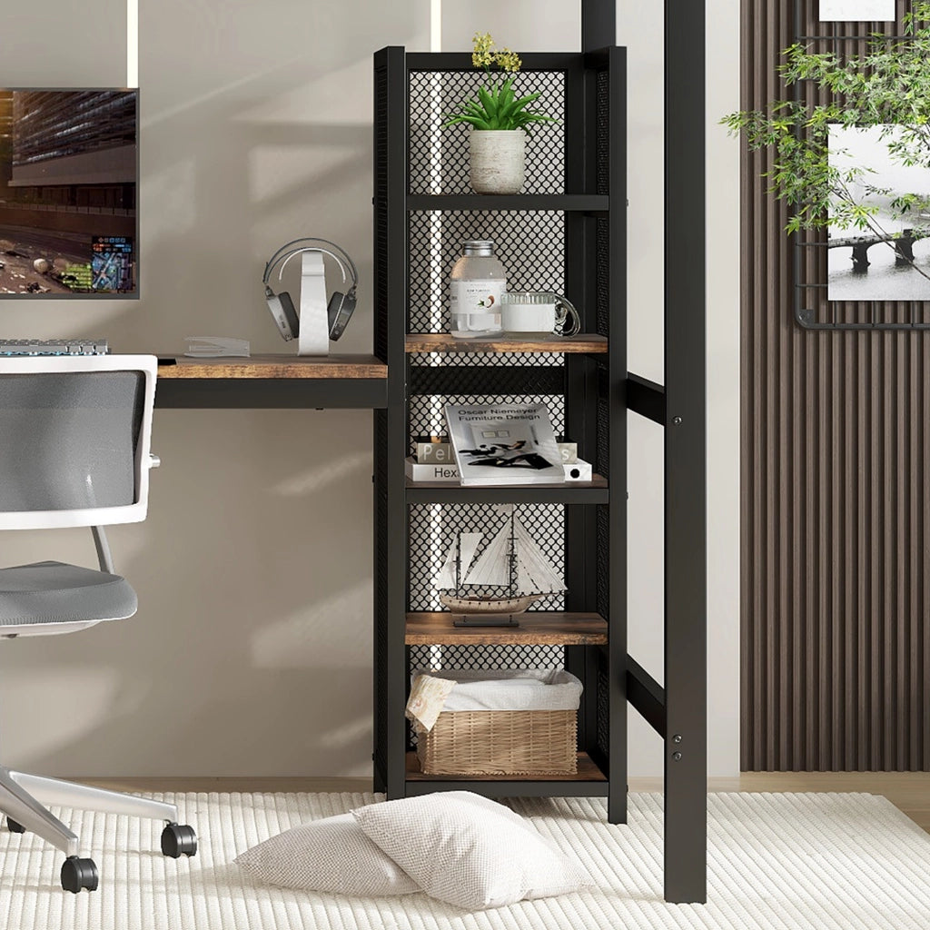 LETTO A SOPPALCO con scrivania e scaffale 90x200 cm MDF e metallo nero/rovere scuro