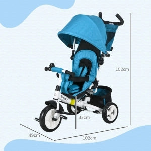 Triciclo 6-in-1 Blu per Bambini 1-5 Anni, con Maniglia Spinta, Tetto Parasole Rimovibile, Cuscino, Cintura 5 Punti, Cesto e Portabicchieri