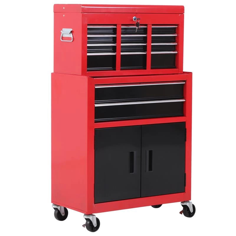 CARRELLO PORTA ATTREZZI 2 IN 1 CON CASSETTA SUPERIORE E ARMADIETTO INFERIORE, IN METALLO, 61.6X33X108 CM, ROSSO