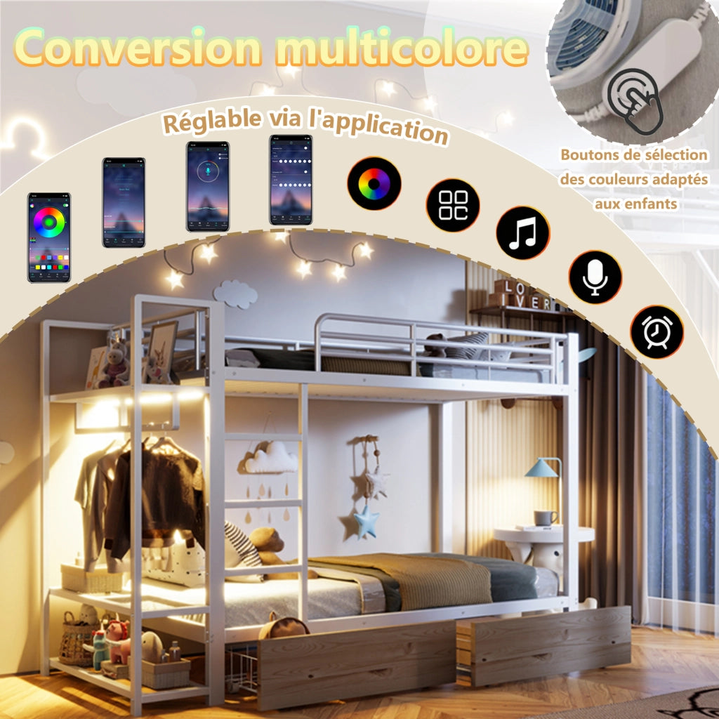 DESMIU Letto a castello 1 posto con 2 cassetti, mensole, barra appendiabiti e LED 90 × 200 cm, senza materasso