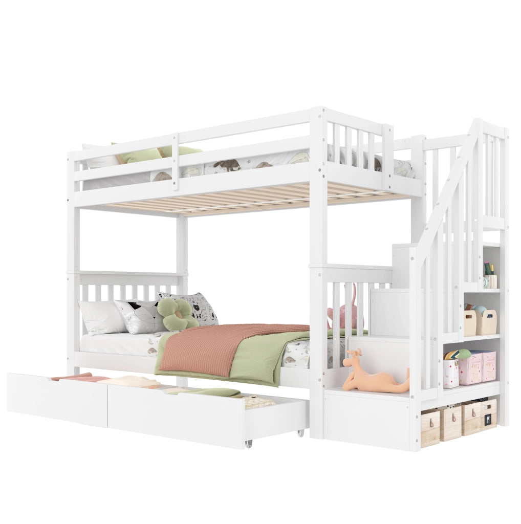 Letto a castello 90x200 cm con scala contenitore bianco