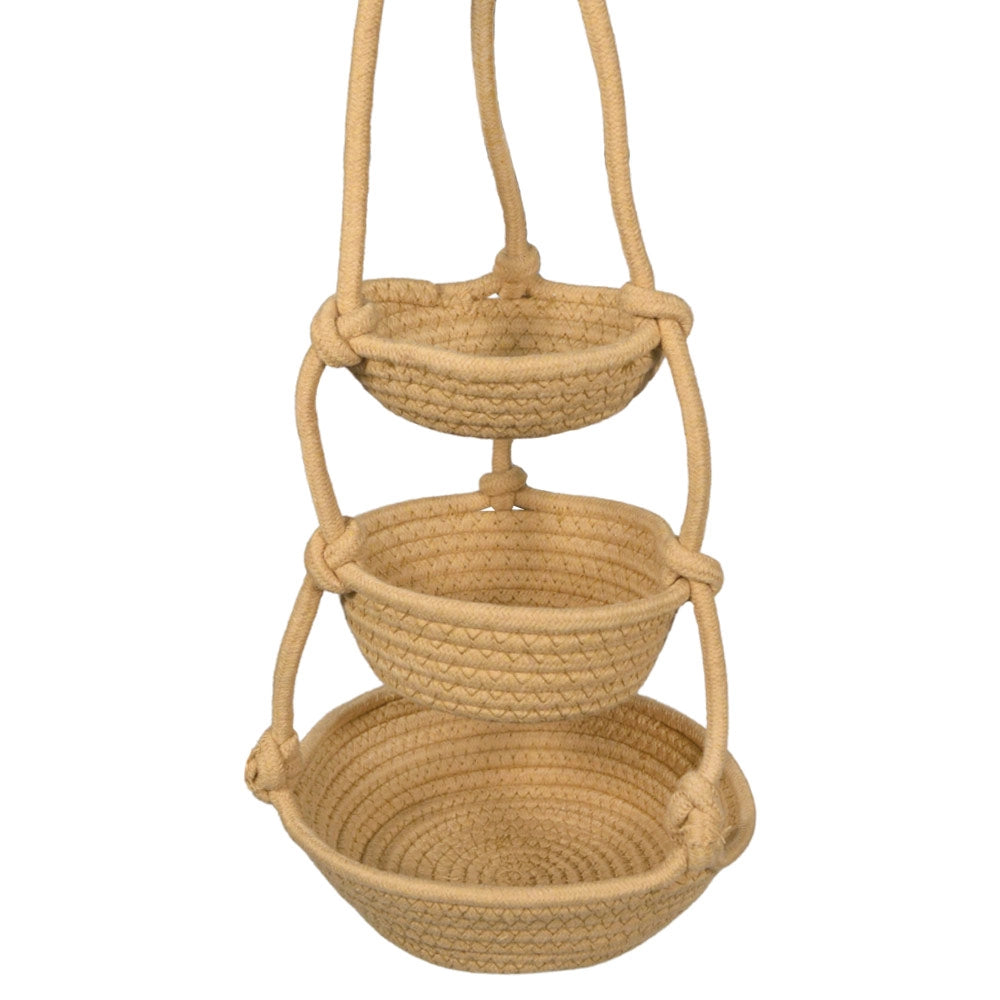Vaso Pensile Triplo in Corda Beige Porta Piante Sospeso h70 cm
