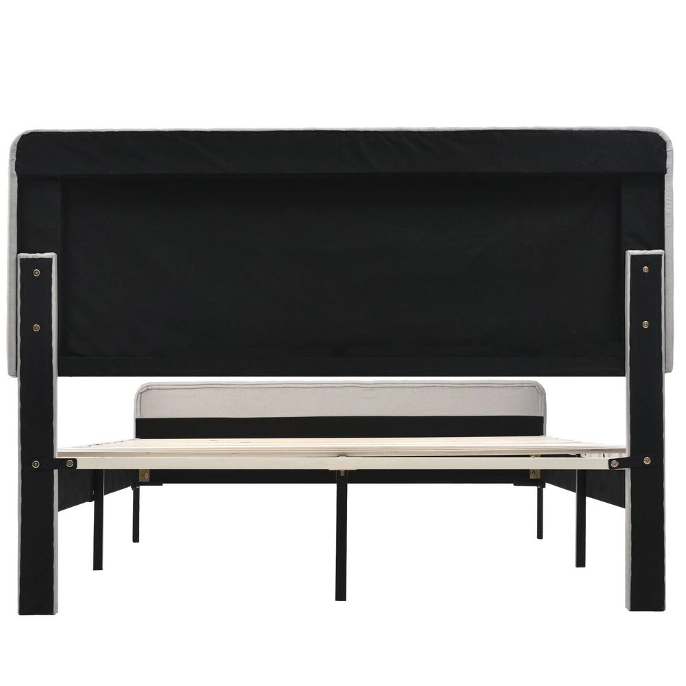 Letto Imbottito Matrimoniale con Testiera Regolabile ¨C MINIMAL ¨C Grigio Beige, Tessuto Lino, 140x200