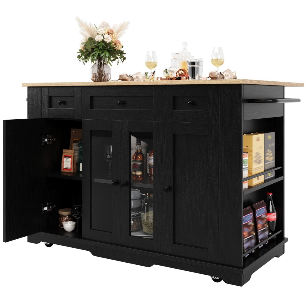 Isola da cucina pieghevole con piano effetto legno, nera
