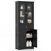 Armadio da bagno alto-Mobiletto da bagno 160cm con 2 porte in vetro 2 ripiani regolabili e 1 cassetto, Mobile autonomo per cucina Nero