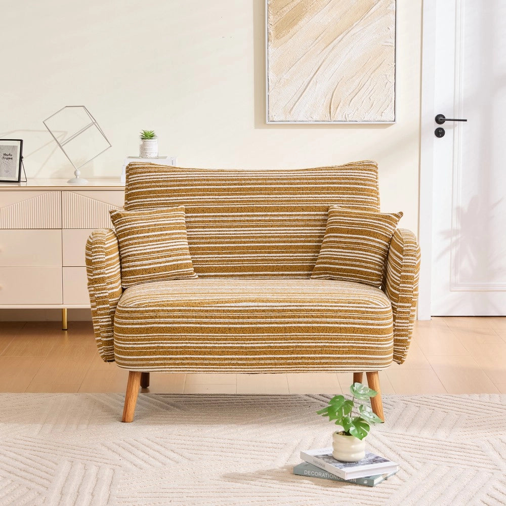 Divano 2 posti ¨C Minimal ¨C Tessuto imbottito grigio chiaro, con braccioli e cuscini, 140x80x90 cm