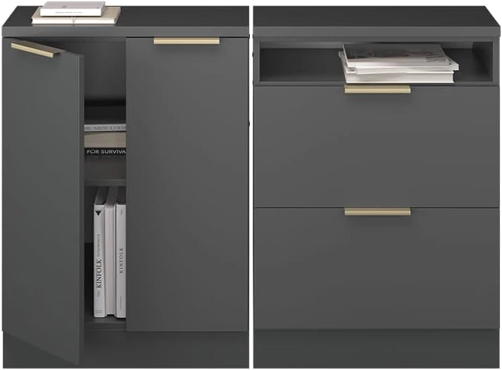 Set di mobili sottotetto Rion, Antracite-oro, 120 cm Set di 2 carcasse armadio profondità 60 cm, adatto per il salvaspazio sotto tetti spioventi