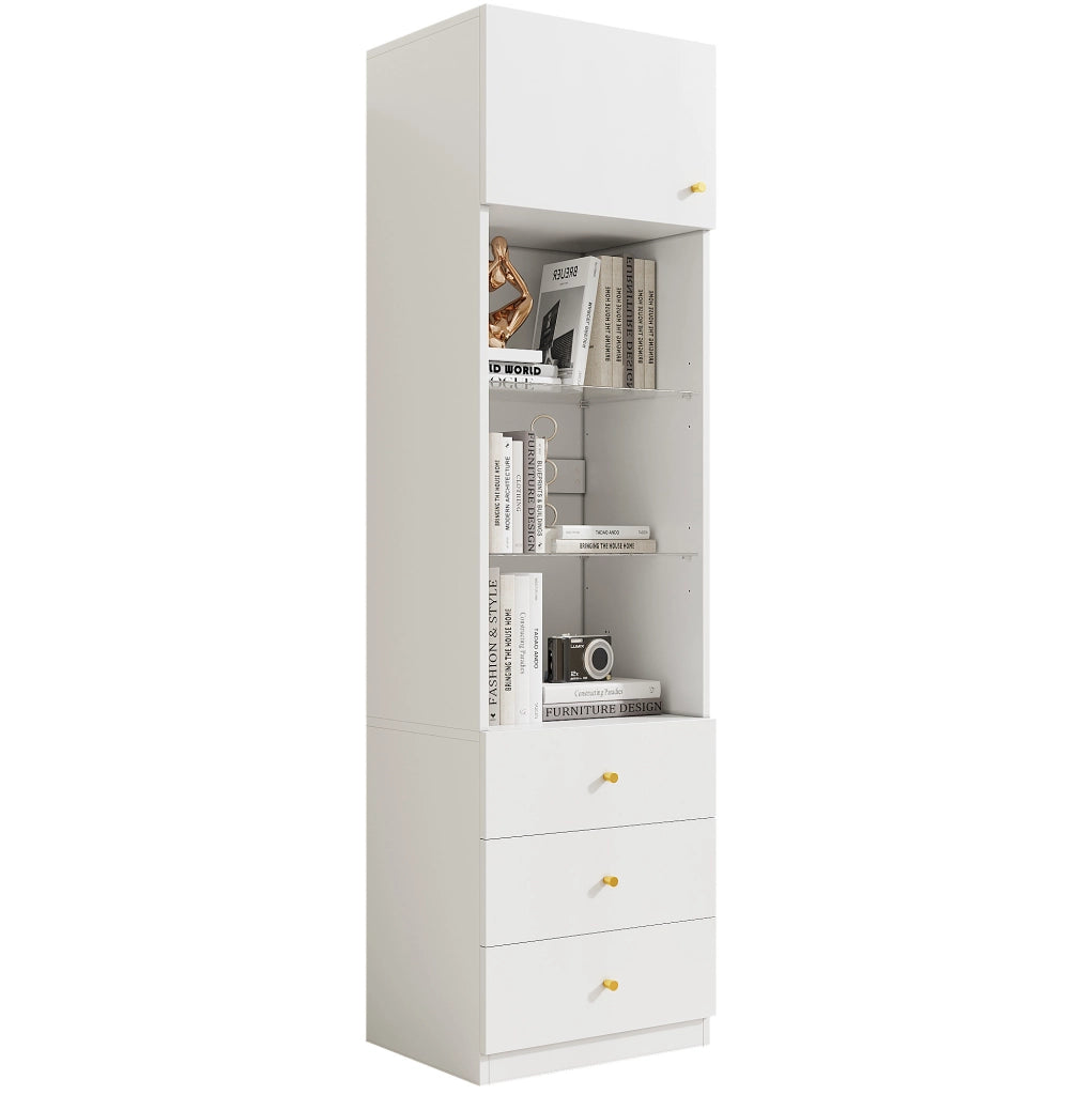 Vetrina alta con cassetti e ripiani in vetro regolabili; MDF; bianca; 50x40x180 cm