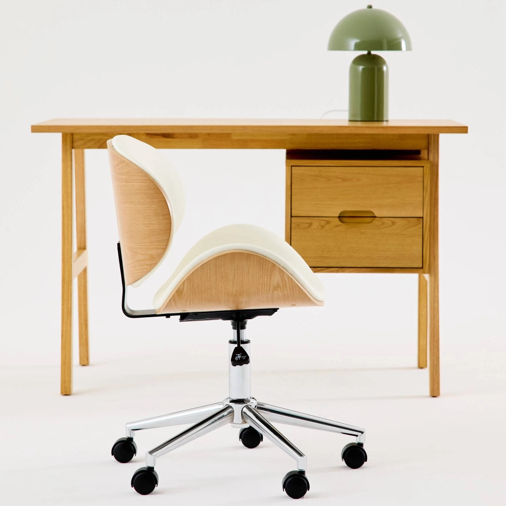 Sedia da ufficio con rotelle, effetto legno curvato e similpelle,