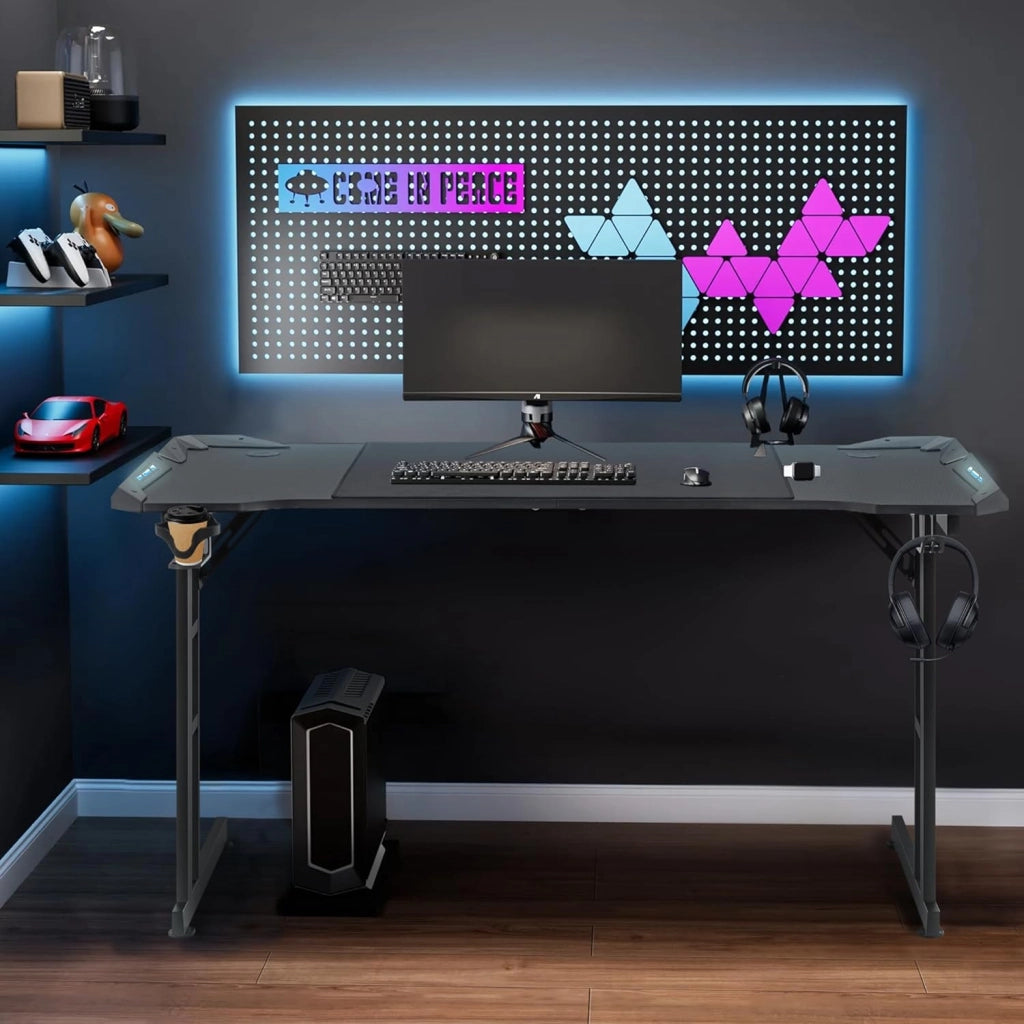 Tavolo da gioco, 160 x 60 cm, altezza regolabile, tavolo da gioco con LED e foro senza cavo, supporto per cuffie e tazze, pannello in fibra di carbonio, tavolo per computer ergonomico