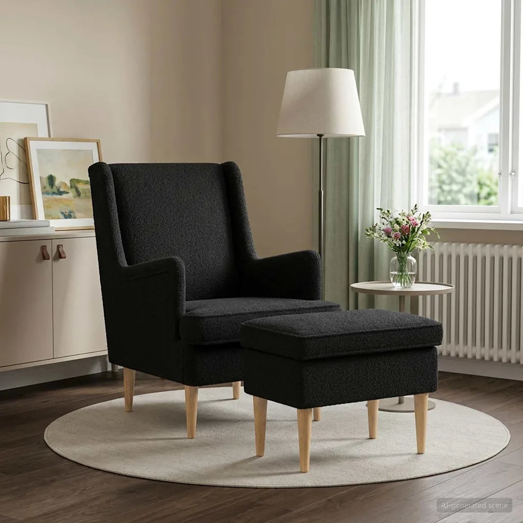 Poltrona con Ottomano 2 pz Nero Bouclé 3418841
