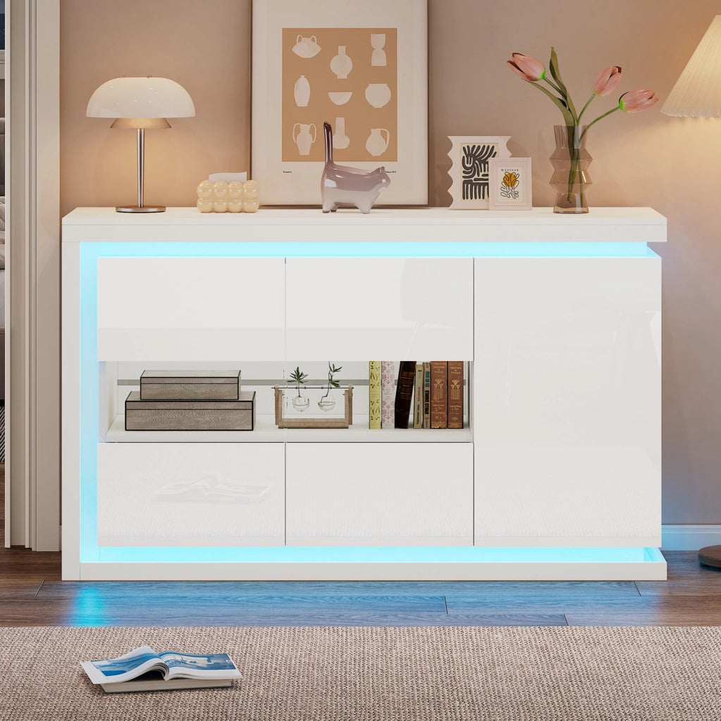 Madia 140x40x84 cm con luci LED telecomandate e 3 ante in truciolato e vetro bianca