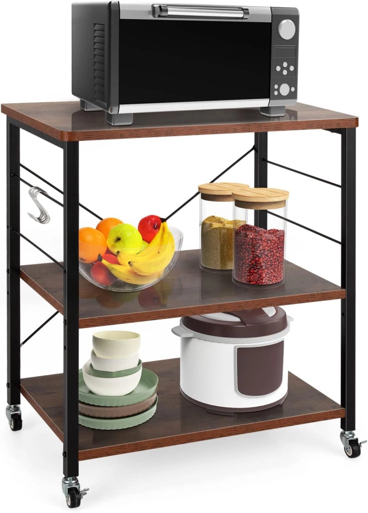 Carrello da Cucina a 3 Livelli con Ripiani Regolabili, Carrello Portaoggetti con 10 Ganci Rimovibili, per Supporto per Microonde, per Cucina e Sala da Pranzo, 60 x 40 x 73 cm (Beige)