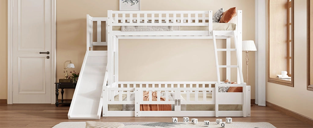DESMIU Letto a castello per bambino 140 × 200 cm con scivolo, scala, ripiani, senza materasso, bianco
