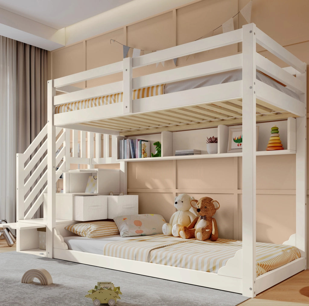 Letto a castello 90x200 cm bianco con scala contenitore