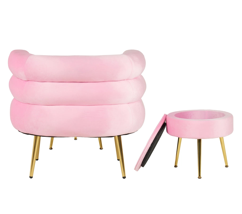 Poltrona Camera da Letto e Salotto in Velluto con Poggiapiedi Contenitore - Poltroncina Relax Moderna con Gambe in Metallo Placcato Oro - Design Moderno, Seduta Morbida con Cuscino - Sedia in Velluto - Rosa