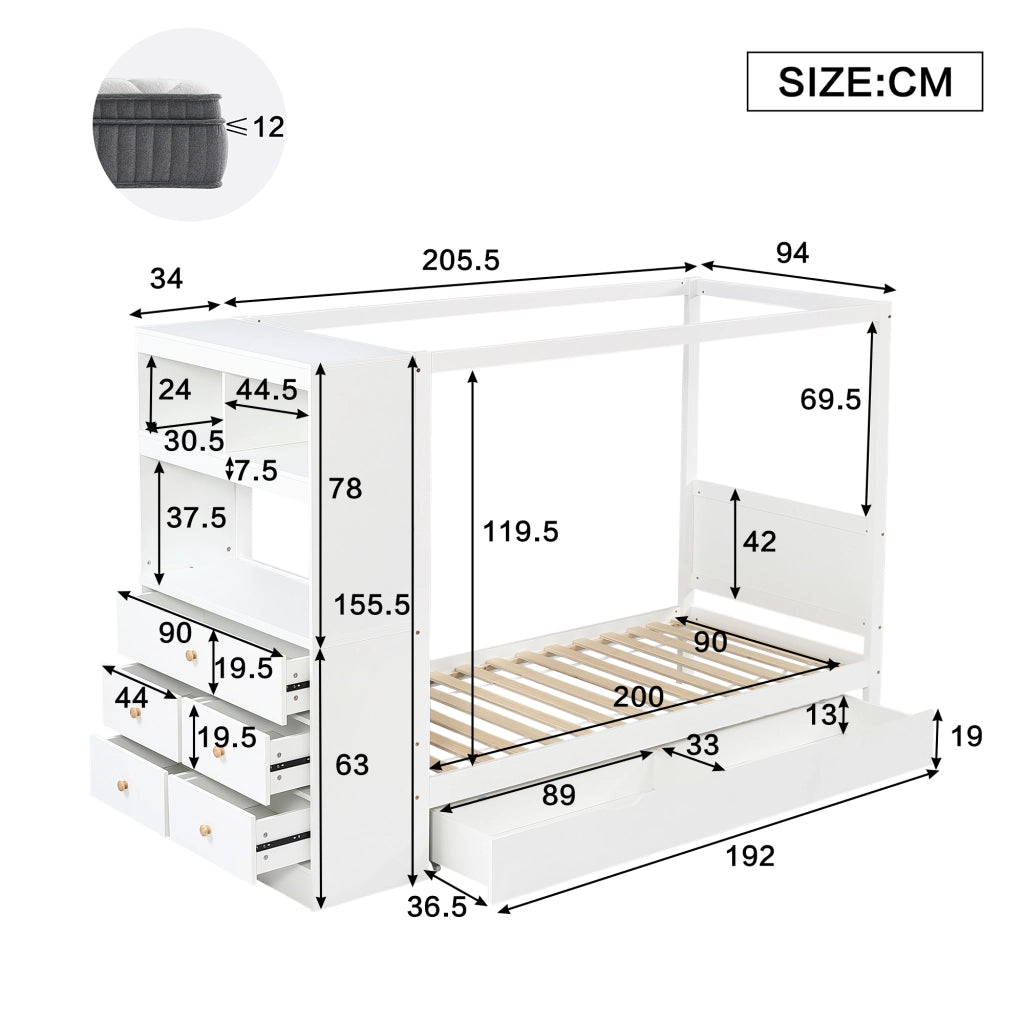 Letto singolo bianco con funzione contenitore in legno massello e mdf 90x200 cm