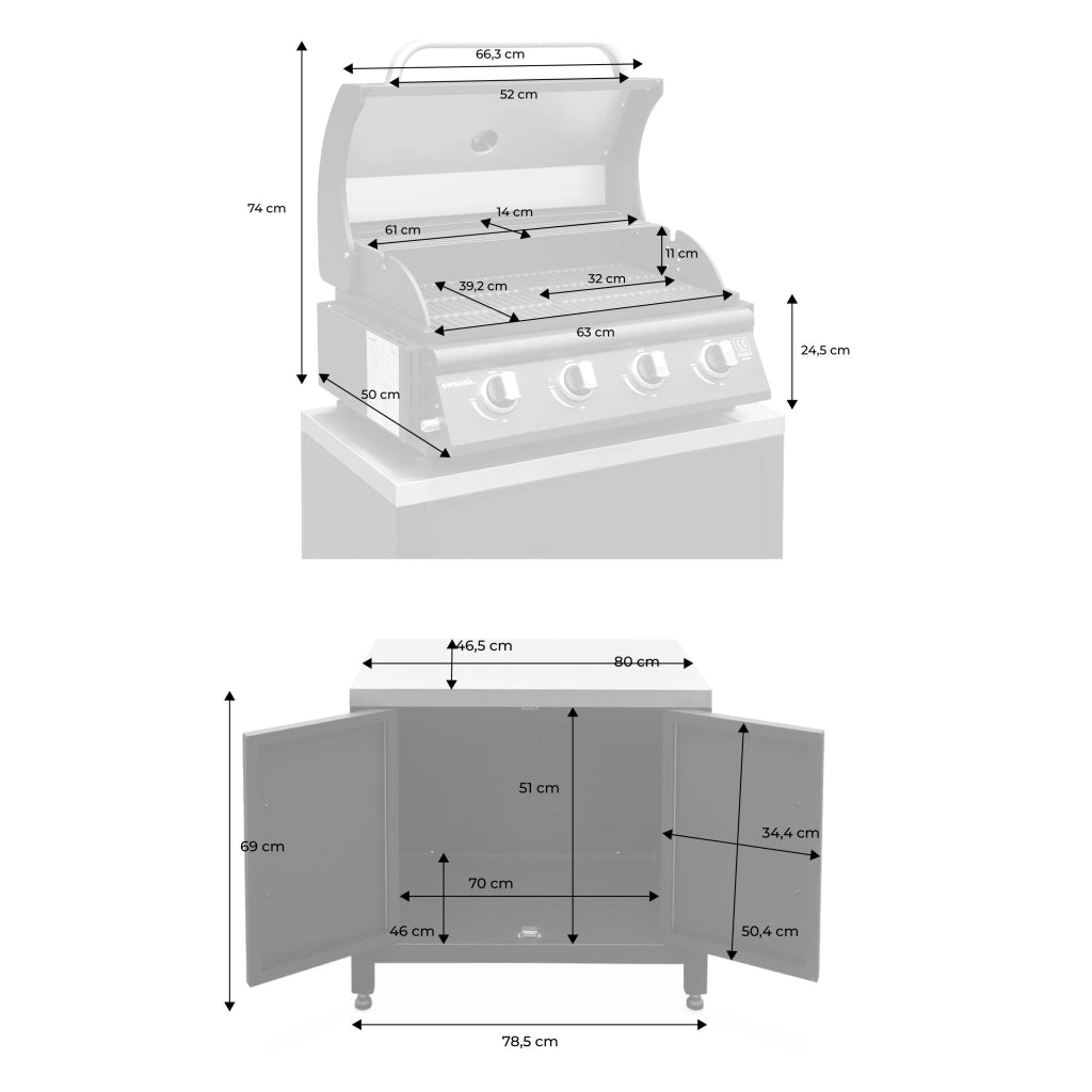 Barbecue a gas con 4 bruciatori e mobile in acciaio, 80cm