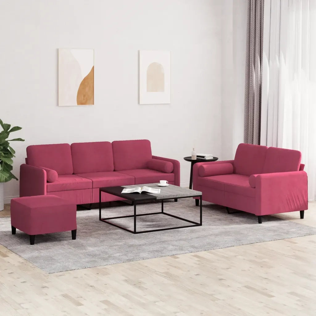 Set di Divani 3 pz con Cuscini Rosso Vino in Velluto