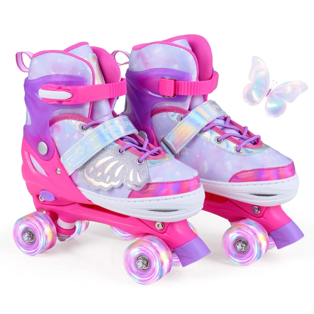 Pattini a rotelle per bambina con diversi strati protettivi e 4 ruote luminose con freno, Pattini a rotelle regolabili in 4 taglie Rosa L