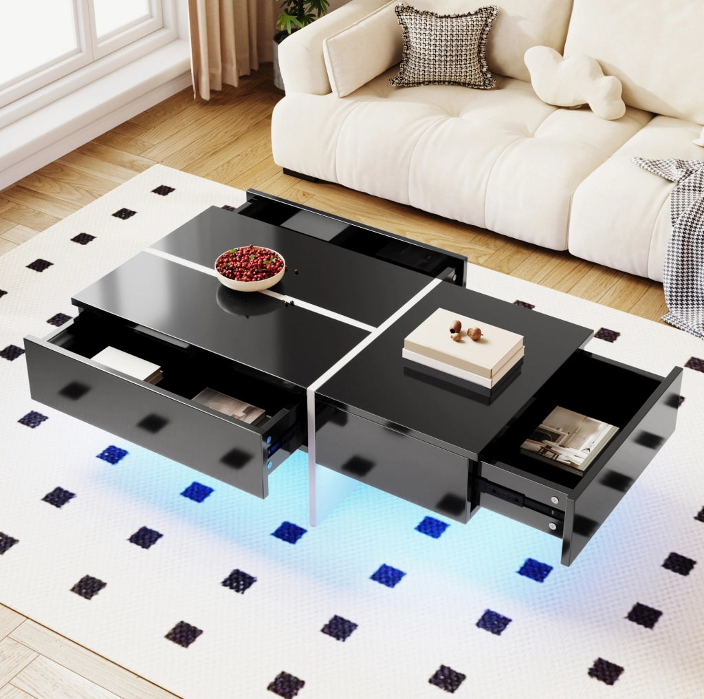 Tavolino da caffè lucido nero 100x50x34;5 cm con LED controllabile da app e 3 cassetti