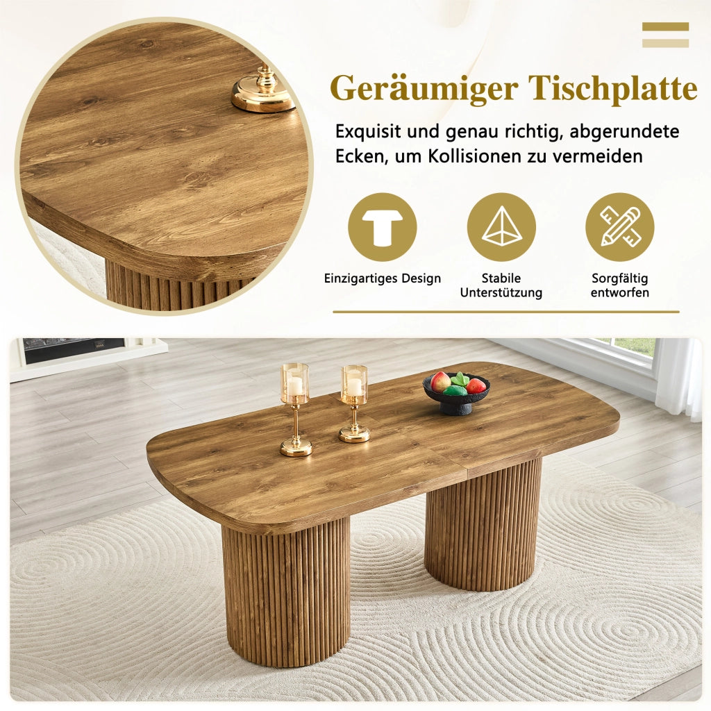 Tavolo da pranzo ovale in MDF con base cilindrica scanalata, stile mid-century, per cucina e sala da pranzo, 180 × 90 × 76 cm