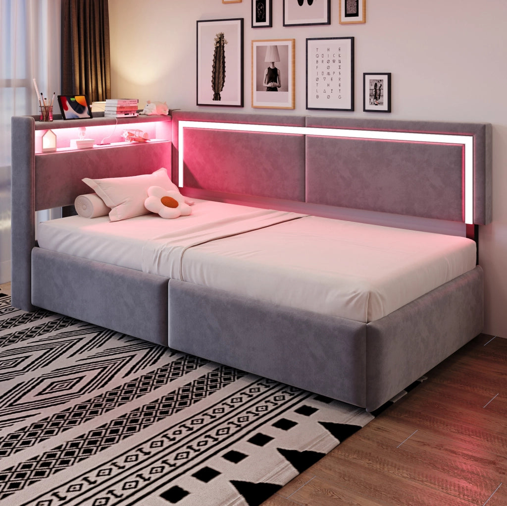 Letto imbottito multifunzionale 90x200 cm con contenitore, LED e USB