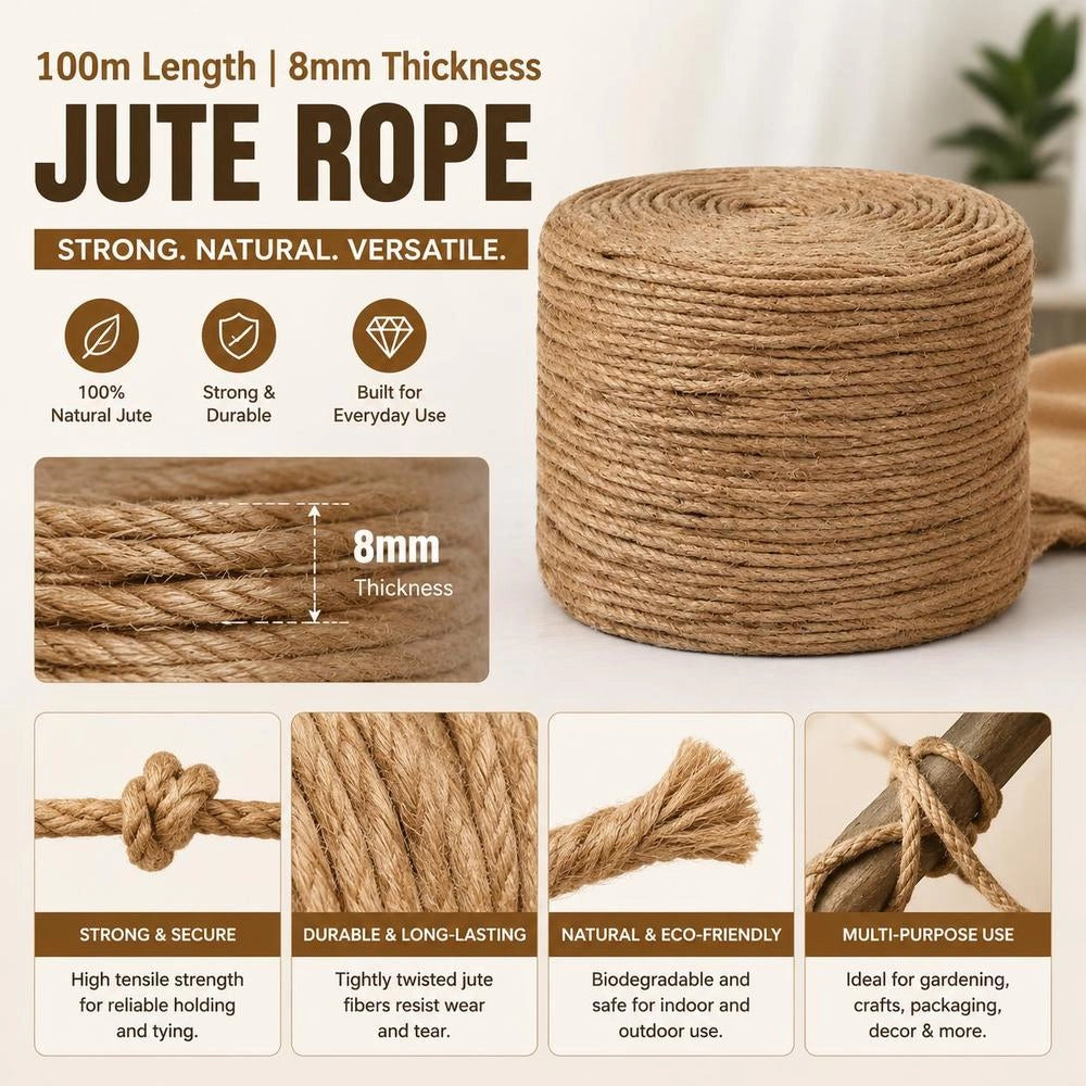 Jute Rope, 100 M Length, 8 Mm Thickness