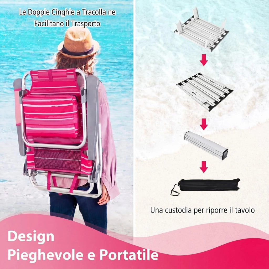 Set di 2 Sedie e Tavolino da Spiaggia Pieghevole, Schienale Regolabile a 5 Livelli, con Portatesta, Borsa Portaoggetti, Borsa Termica, per Campeggio Picnic Esterno (Rosa Scuro, Modello 2)