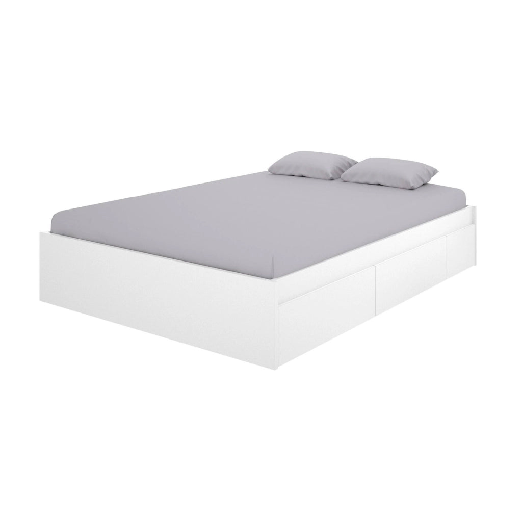 Letto matrimoniale Angus, Sommier giroletto, Struttura letto contenitore con 4 cassetti, 197x160h37 cm, Bianco