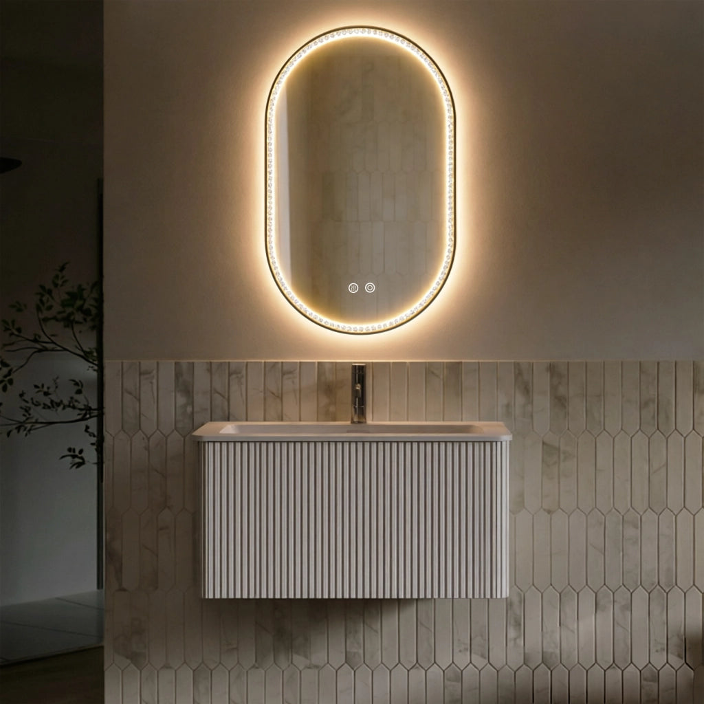 Mobile bagno sospeso con lavabo integrato e cassetto; specchio LED antiappannamento per bagno; bianco