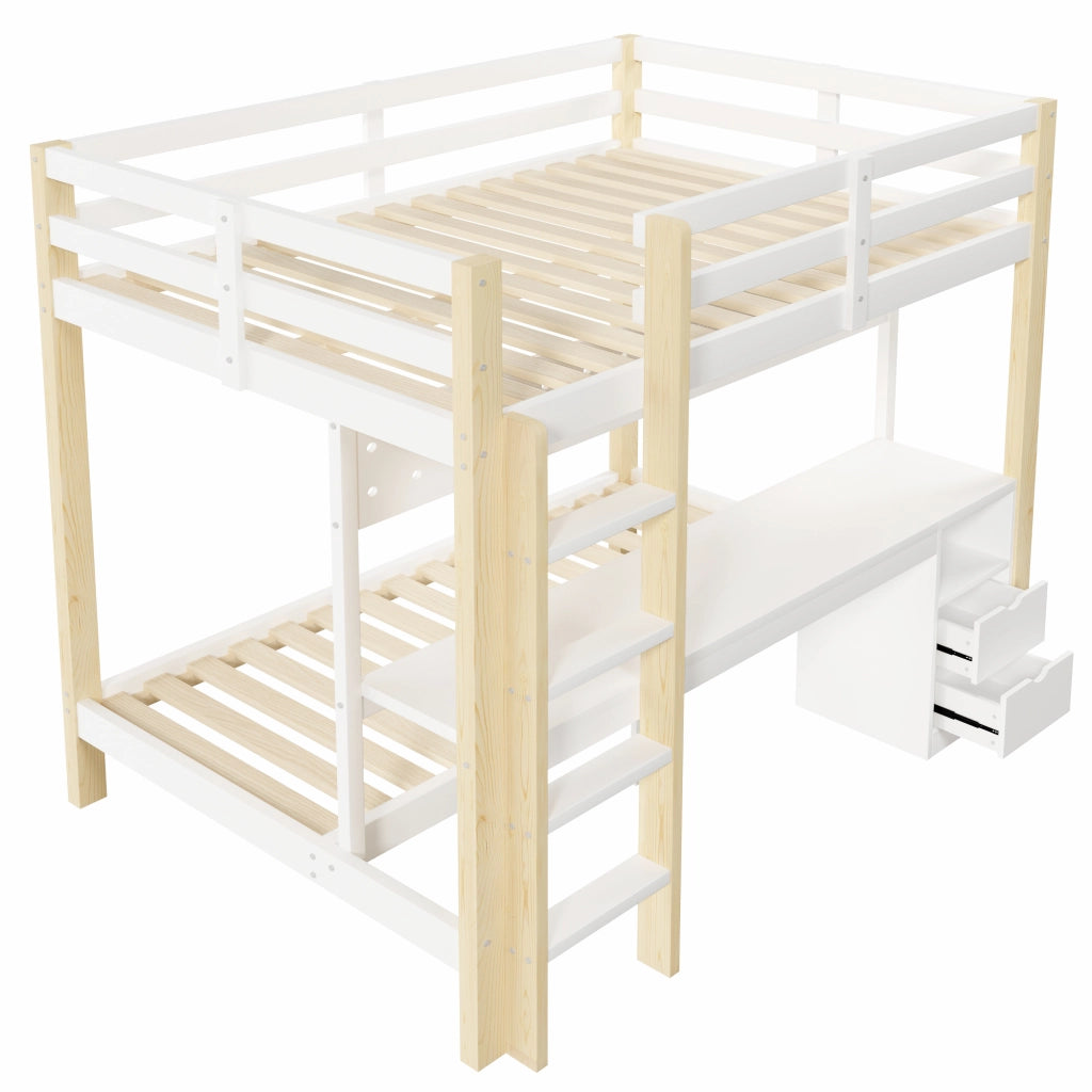 Letto a Castello 140x200 cm e 90x200 cm; con Cassetti; Scrivania; Pannello forato e LED