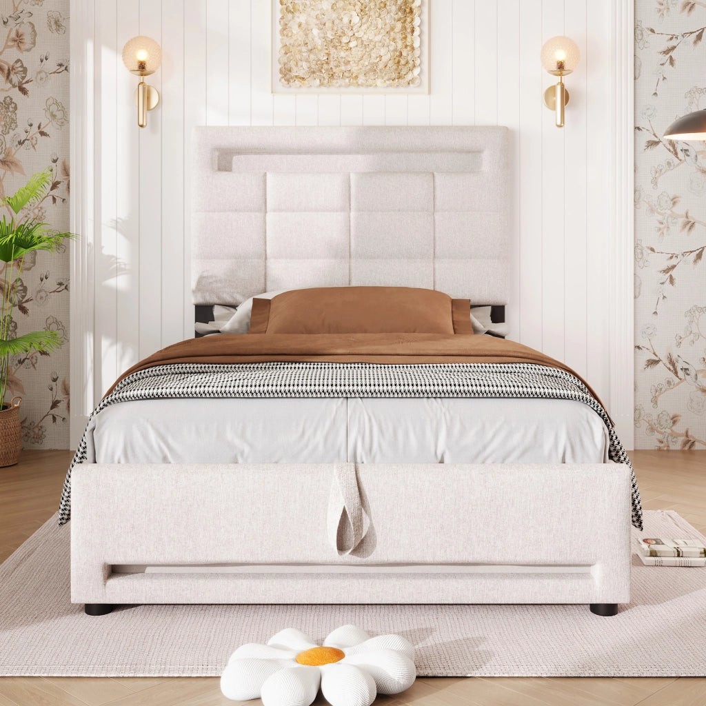 OKWISH Letto Singolo 90×200 cm con Contenitore, LED 16 Colori, USB e Controllo tramite App, senza Materasso, in Lino, Beige