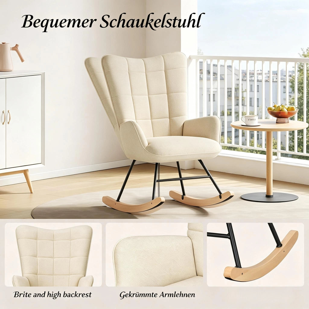 Sedia a dondolo ergonomica con schienale alto e braccioli curvi per lettura e relax in velluto e legno beige
