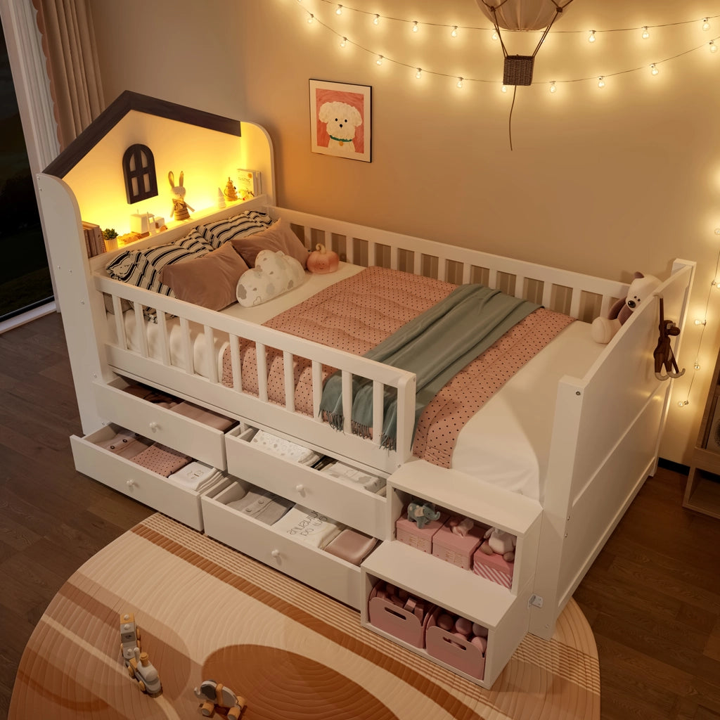 Letto a baldacchino bianco in pino con 4 cassetti LED e scala integrata 90x200 cm
