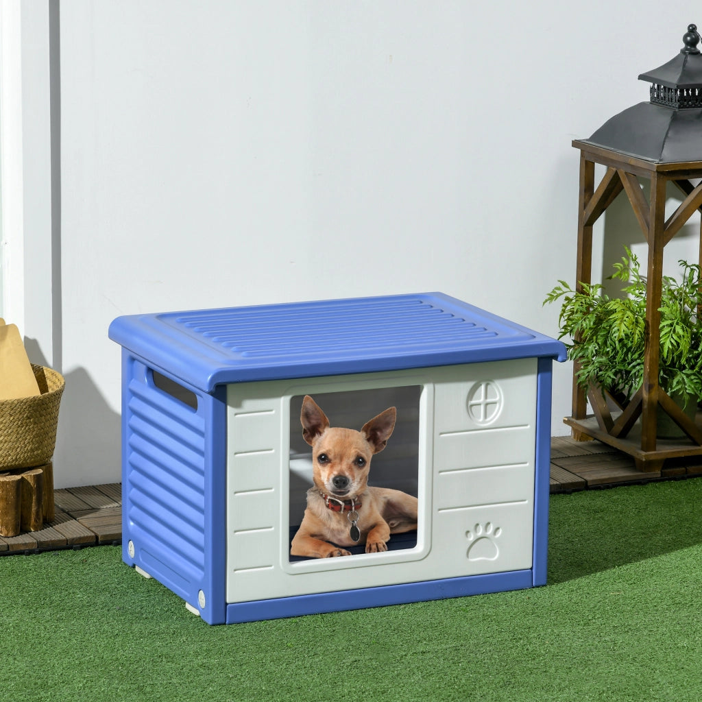 Cuccia per Cani Taglia Piccola da Esterno in PE con Ingresso e 2 Prese d'Aria Laterali, 60x42x40 cm, Blu e Bianco