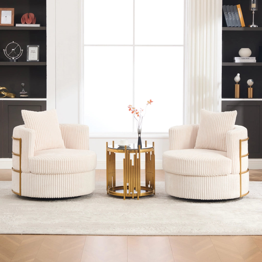 Poltrona girevole 360° in tessuto cord beige con vano contenitore; 76x79x78 cm