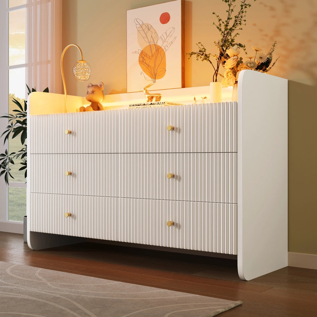 Credenza moderna con LED e 6 cassetti, design ondulato a scanalature, vano aperto, bianco 120 × 40 × 75 cm