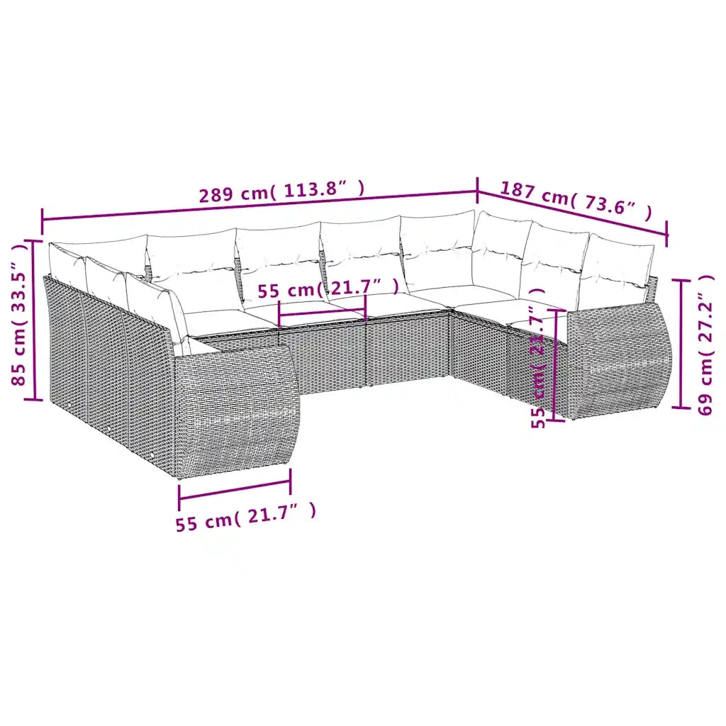 Set Divani da Giardino 9pz con Cuscini Marrone in Polyrattan