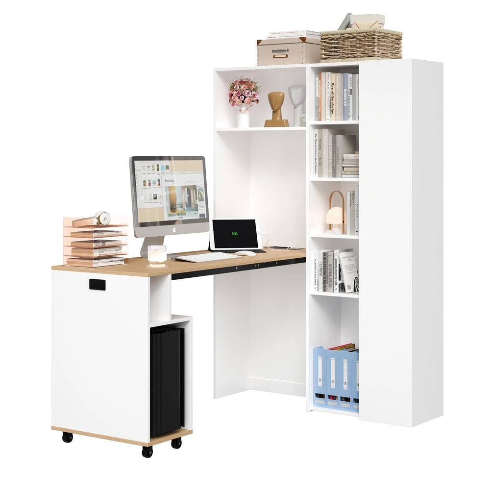 Scrivania Pieghevole con Libreria 2-in-1 ¨C MINIMAL ¨C Bianco, Ripiani Regolabili, Presa Elettrica USB, Angolare